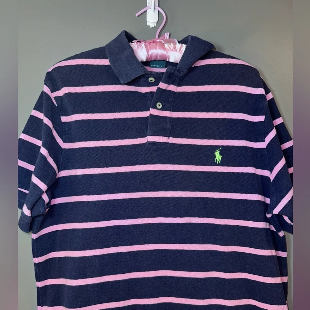 Polo Ralph Lauren Custom Fit Navy Pink Striped Polo Shirt Men’s L